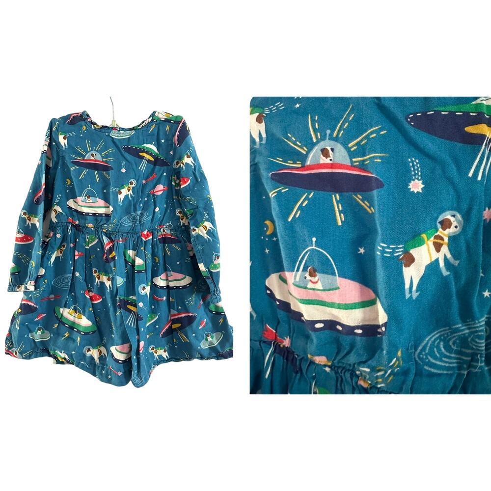 MINI BODEN Blue Retro Space Spaceships Dogs Dog Cotton Dress - Sz 4-5 Yrs